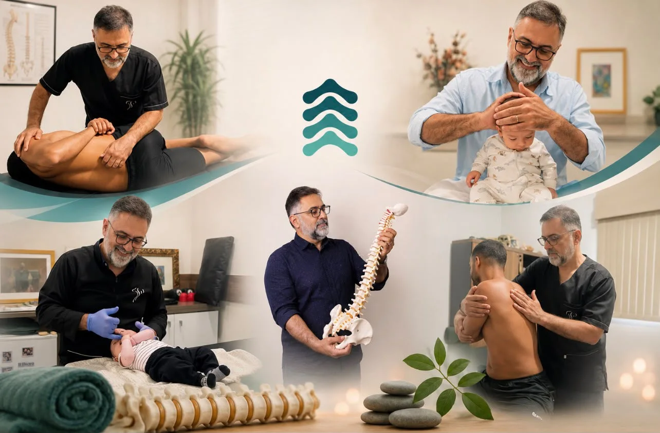 Dr. Jorge Costa em diferentes atendimentos: osteopatia da coluna, osteopatia pediátrica e avaliação postural