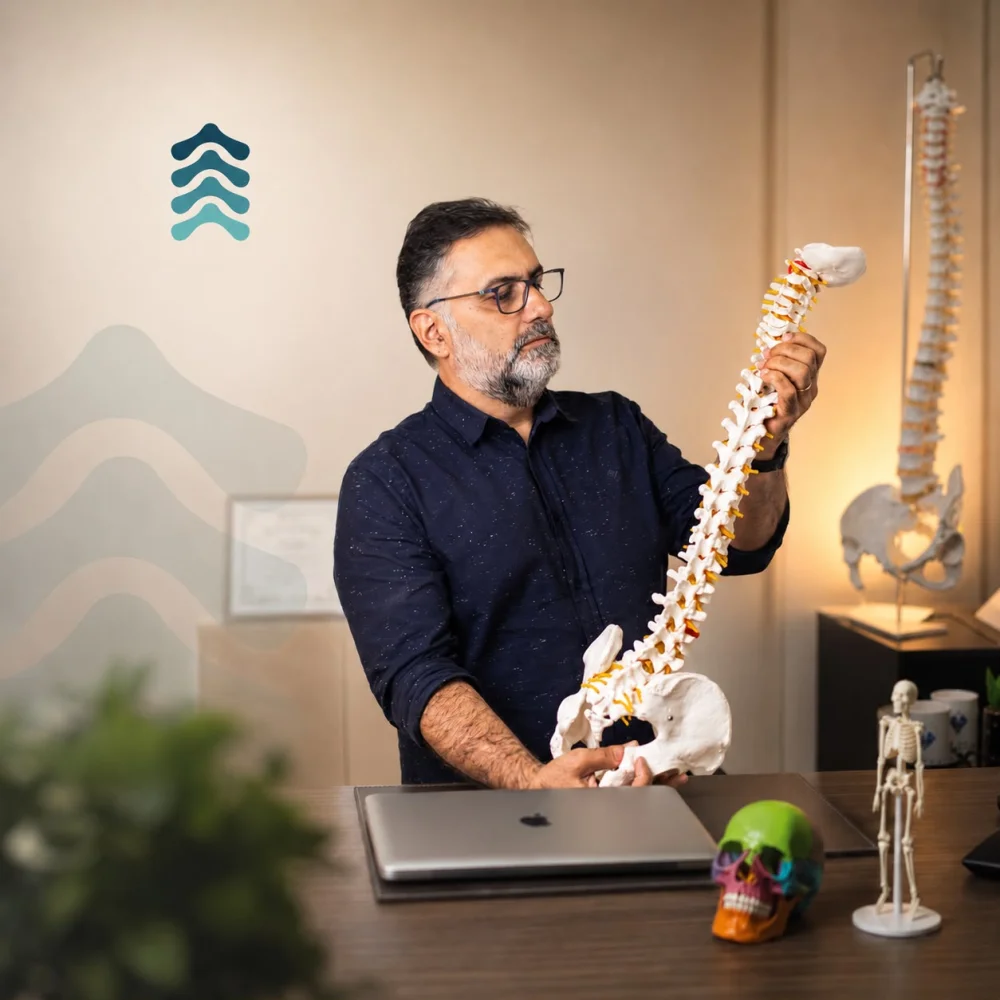 Dr. Jorge Costa, fisioterapeuta osteopata, com um modelo de coluna vertebral
