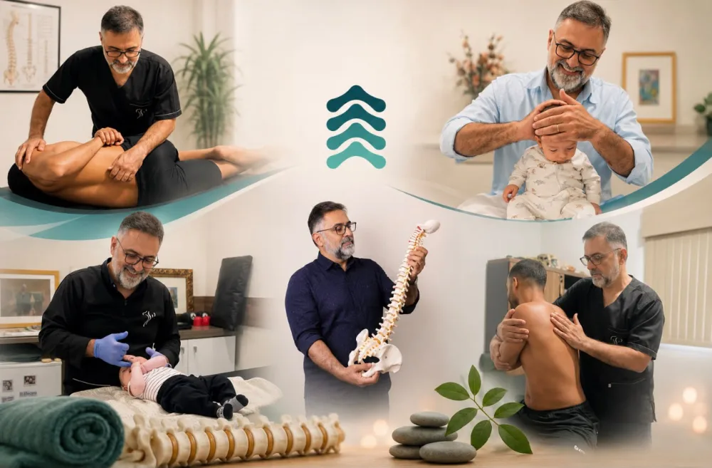 Dr. Jorge Costa em diferentes atendimentos: osteopatia da coluna, osteopatia pediátrica e avaliação postural