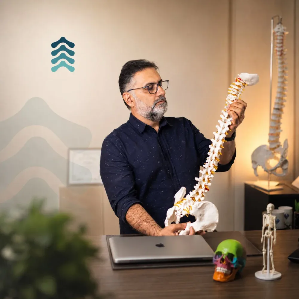 Dr. Jorge Costa, fisioterapeuta osteopata, com um modelo de coluna vertebral